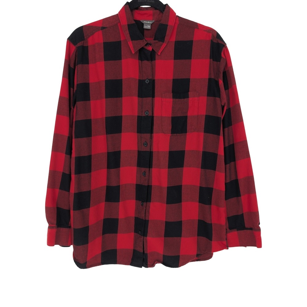 Eddie Bauer Red Black Buffalo Plaid Flannel Shirt Women MT Cabin Outdoor Classic